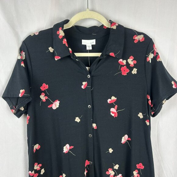 NEW J Jill Floral‎ Shirt Dress Women Medium Tall Black Pima Cotton Knee Length - Picture 4 of 10